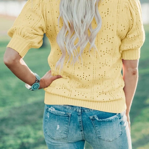 Puff Short Sleeve Sweaters Tops Summer Soft Crew Neck Dot Pullover Shirt - Picture 4 of 5